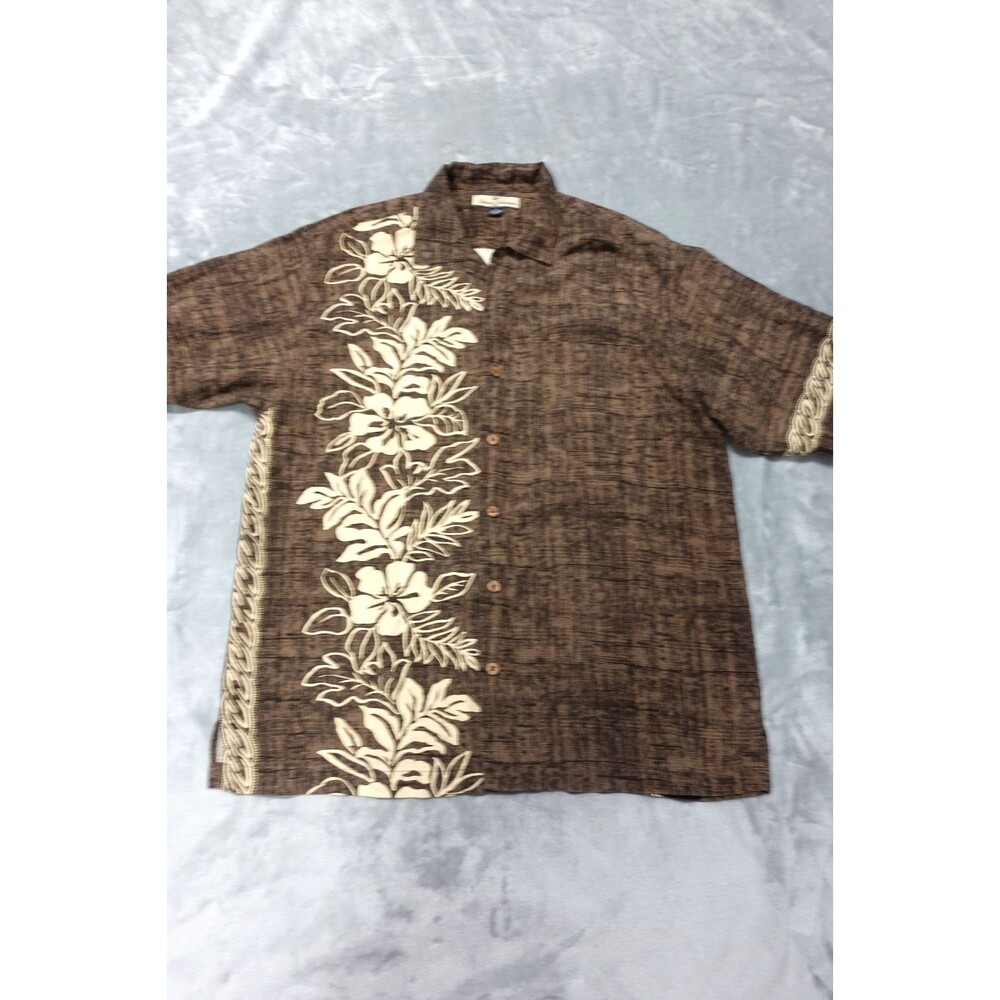 Tommy Bahama Silk Brown M Floral Pattern Shirt Hawaiian Button-Down Vacation